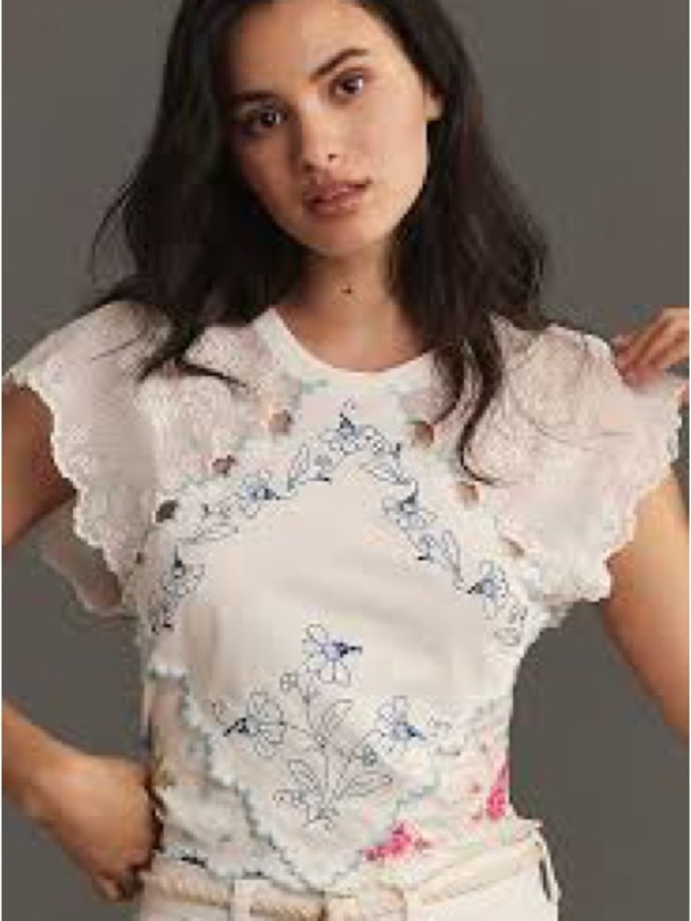 Anthropologie White Embroidered Flutter-Sleeve Top with Blue and Pink Stitching